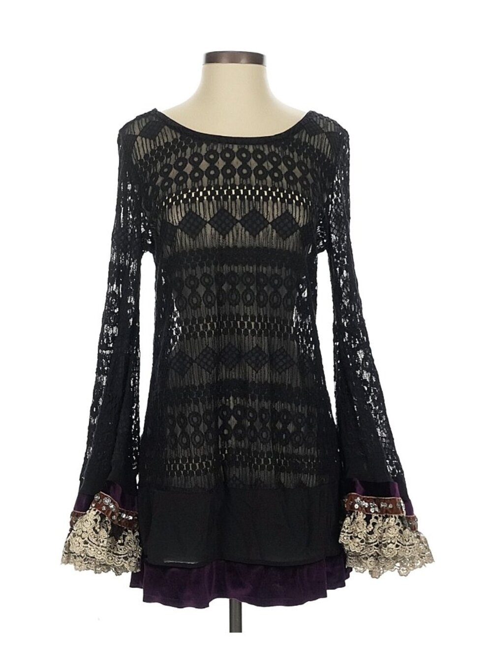 RARE Free People Black Lace Velvet Bell Sleeve Mini Dress Tunic| Whimsigoth Boho - Picture 3 of 16